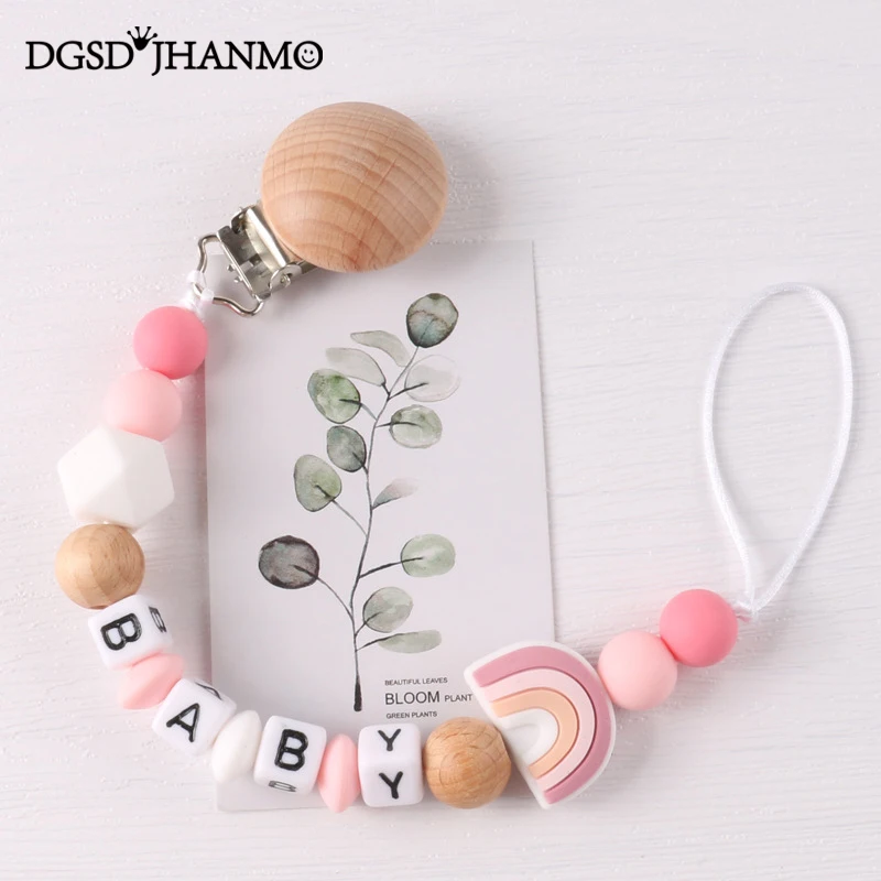 Benutzerdefinierte personalisierte Name Schnuller Halter Kette Clip Holz handgemachte Silikon Beißring Baby Zahnen Spielzeug Neugeborenen Kauen Geschenk Image