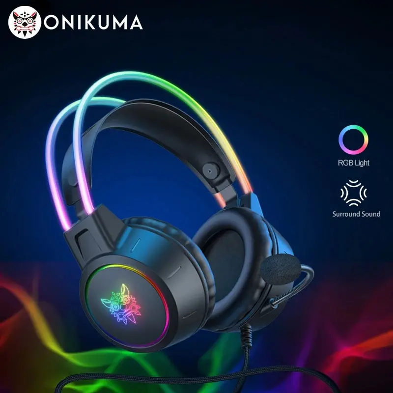 Onikuma x15 pro Over-Ear-Kopfhörer Gaming-Headset Kabel unterdrückende Kopfhörer rosa Katzen ohren RGB-Licht mit Mikrofon für PC ps4 Image