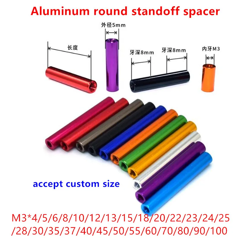 10 Stück M3 Aluminium-Abstandshalter, eloxiertes buntes Aluminium, runder Abstandshalter, Säulenstangen, verlängern lange Mutter, Länge 4 mm bis 100 mm