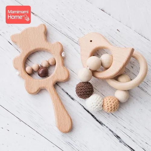 1 Satz Babyspielzeug Musik Rassel Holz Perlen Armband Häkeln Holz Nagetier Kauspielzeug Montessori