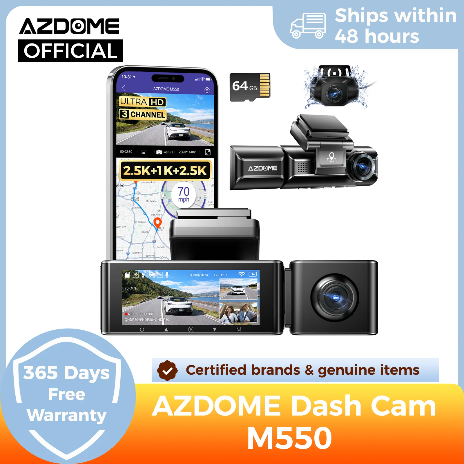 AZDOME M550 3 Kanal Dash Cam, Front Innen Hinten Drei Weg Auto Dash Kamera, 4K + 1080P Dual Kanal, Mit GPS, WiFi, IR Nachtsicht