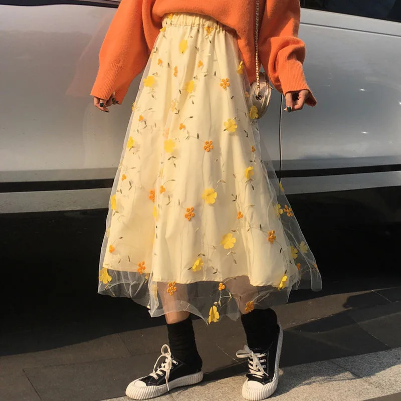 Gelb 3D Blume Spitze Rock Frauen Hohe Taille Mesh Lange Rock Weibliche elegante Midi tüll rock Süße Nette Student Schule Tragen saia