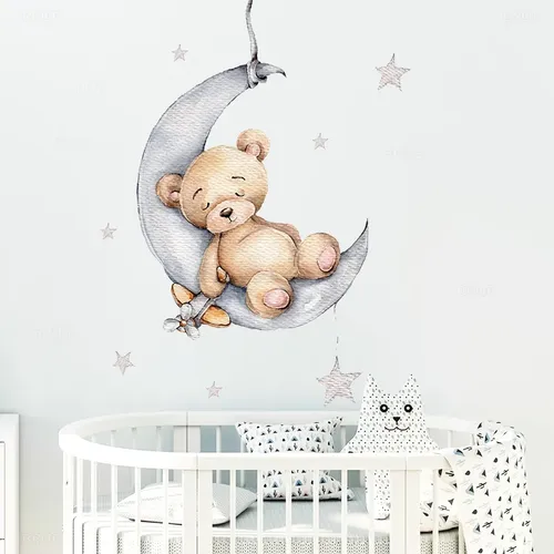 Cartoon Teddybär Schlafen auf der Mond und Sterne Wand Aufkleber für Kinderzimmer Baby Zimmer