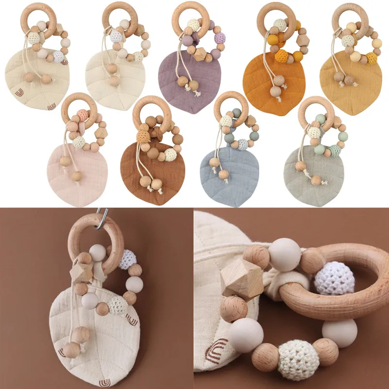 BPA FREI Baby Holz Beißring Baumwolle Blatt Form Holz Ring Beißring Neugeborenen Hand Grip Schütteln Rattle Spielzeug Nagetiere Molaren Pflege Image