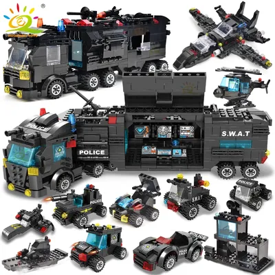 HUIQIBAO SWAT Polizei Station lkw modell Bausteine Stadt maschine Hubschrauber Auto Zahlen Bricks Pädagogisches Spielzeug Für Kinder Image