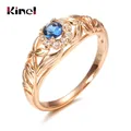 Kinel Blau Natürliche Zirkon 585 Rose Gold Ring Hohl Kristall Blume Ethnische Braut Hochzeit Ringe