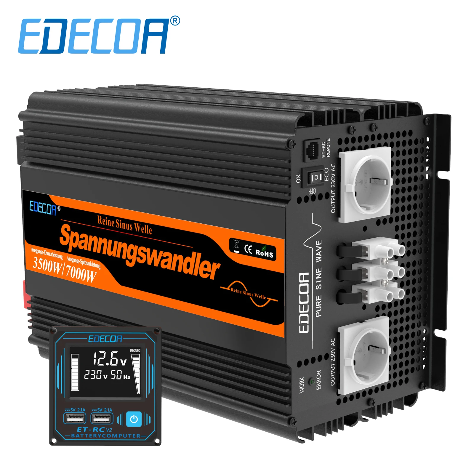 EDECOA 3500W DC 12V zu AC 220V 230V Konverter reiner Sinus-Wechselrichter netzunabhängiger Transformator für Solarsystem Auto Home Boot Image