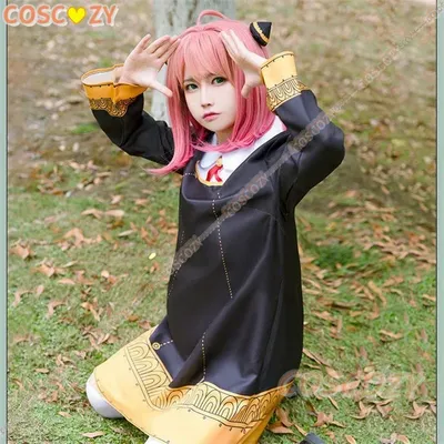 Anime Spion x Familie Anya Fälscher Cosplay Kostüm Erwachsene schwarzes Kleid Kawaii Frauen Kleid rosa Perücke Party Rollenspiel Outfits Image