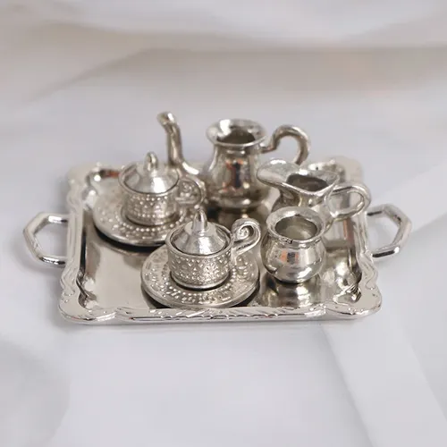 10Pcs/Set 1/12 Puppenhaus Miniatur Silber Metall Tee Kaffee Tablett Geschirr Set Für Puppenhaus