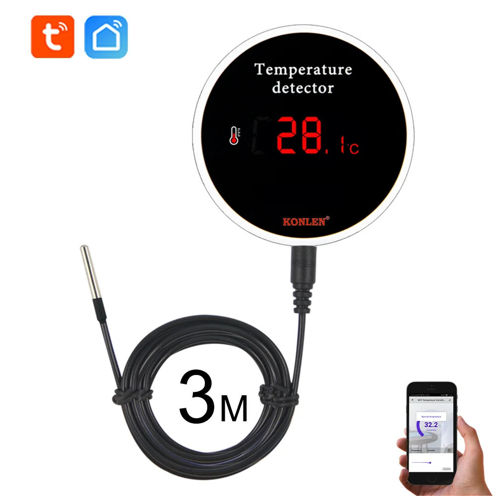 KONLEN Tuya Wifi Temperatur Sensor 3m Draht Sonde Digitale Smartlife Thermometer Smart Home Wasser Pool Thermostat Fernalarm Image