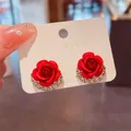 Temperament Luxus rote Rose Blume Strass Ohr stecker für Frauen Herz Ohr stecker Piercing Ohrring