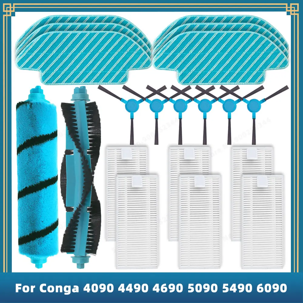 Kompatibel für Cecotec Conga 4090 4490 4690 5090 5490 6090, Ersatzteile, Zubehör, Rolle, Hauptseitenbürste, Hepa-Filter, Mopp-Lappen Image