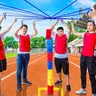 Kind Im Freien Teamarbeit Spiel Requisiten Spielzeug Kinder Kooperieren Zu Bauen Turm Kindergarten