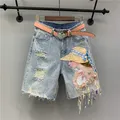 2023 sommer Denim Shorts Frauen Quaste pailletten Mode Zerrissenen Jeans Shorts Lose Hohe Taille