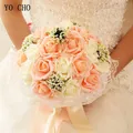 YO CHO Braut Hochzeit Bouquet Brautjungfer Künstliche PE Rose Blume Gefälschte Perle Rosa Bouquet