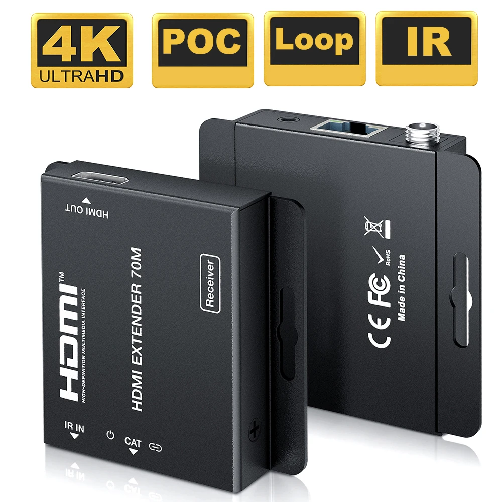4K-HDMI-Extender über Cat6/7-Kabel bis zu 70 m 230 Fuß HDMI-4K-Extender mit IR- und HDMI-Loop-Out für HDTV Apple TV PS4 PC Image