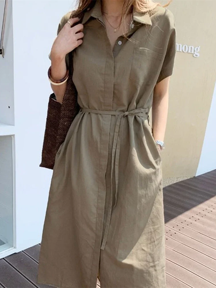 Sommer Frauen Kleid Hemd Kleid Lange Abend Weibliche Vintage Maxi Party Oversize Strand Frau Kleider Casual Elegante Prom Grün