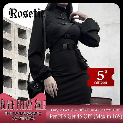 Rosetische kurze Bandage Goth Kleid Frauen Gothic Punk Gürtel Langarm Streetwear schwarz Mini