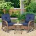 W WARMHOL 3 Pieces Outdoor Patio Bistro Rocking Chair Set Rattan Patio Rocker Chairs Set with Cushions and Glass-Top Coffee Table Conversation Bistro Set for Porch & Backyard - Navy Blue