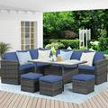 CozyHom 7 Pcs Outdoor Patio Sectional Dining Furniture Sofa Set PE Wicker Rattan Conversation Sofa Sets With Dining Table and Ottomans Blue