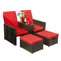 ONLYCTR 5 Piece Patio Furniture Conversation Set with Ottoman Patio Wicker Loveseat and Table Set Wicker Furniture for Garden Patio Balcony Beach Coffee Bar Deck(Brown wicker Red cushion)