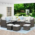 CozyHom 7 Pcs Outdoor Patio Sectional Dining Table Furniture Sofa Sets All Weather PE Wicker Rattan Conversation Set With Ottoman and Cushions Gray