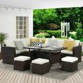 CozyHom 7 Pcs Outdoor Patio Sectional Dining Furniture Sofa Set PE Wicker Rattan Conversation Sectional Couch SetsWith Dining Table and Cushions Beige