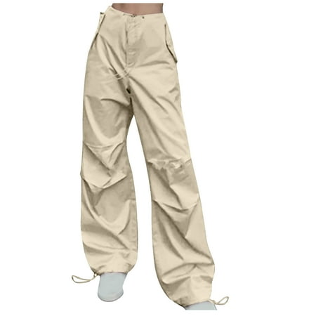 RYRJJ Baggy Parachute Pants for Women Drawstring Elastic Low Waist Ruched Cargo Pants Multiple Pockets Jogger Y2K Streetwear Pants(01#Khaki M)