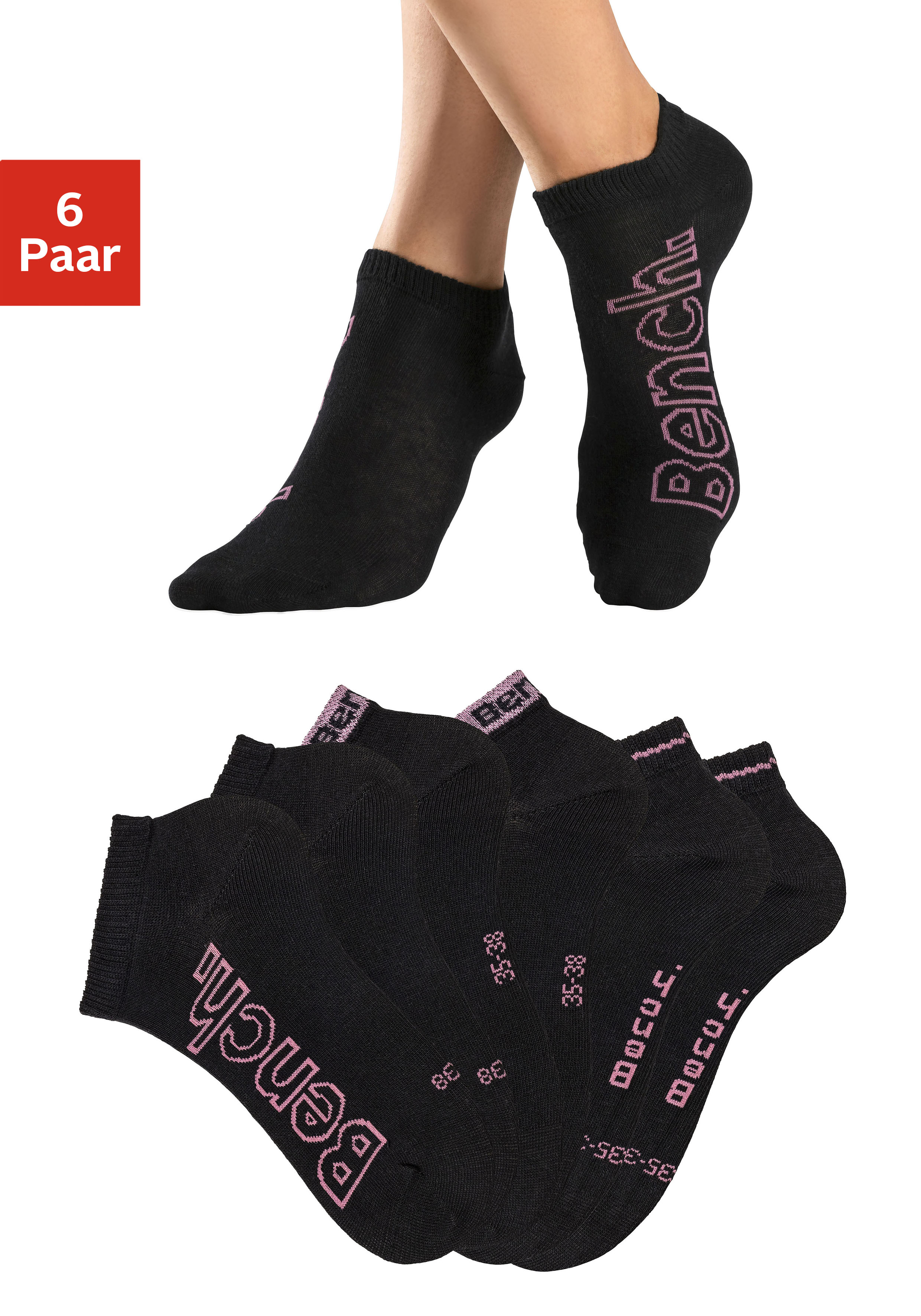 Sneakersocken BENCH., Damen, Gr. 39-42, schwarz (6x schwarz), Baumwollmischung, unifarben, elastisch, Socken, mit unterschiedlichen Designs Image
