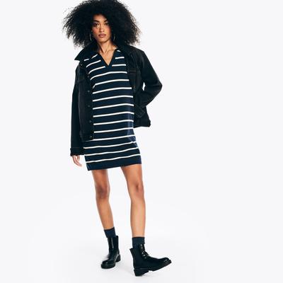 Nautica Women's Striped Sweater Dress Stellar Blue Heather, L
