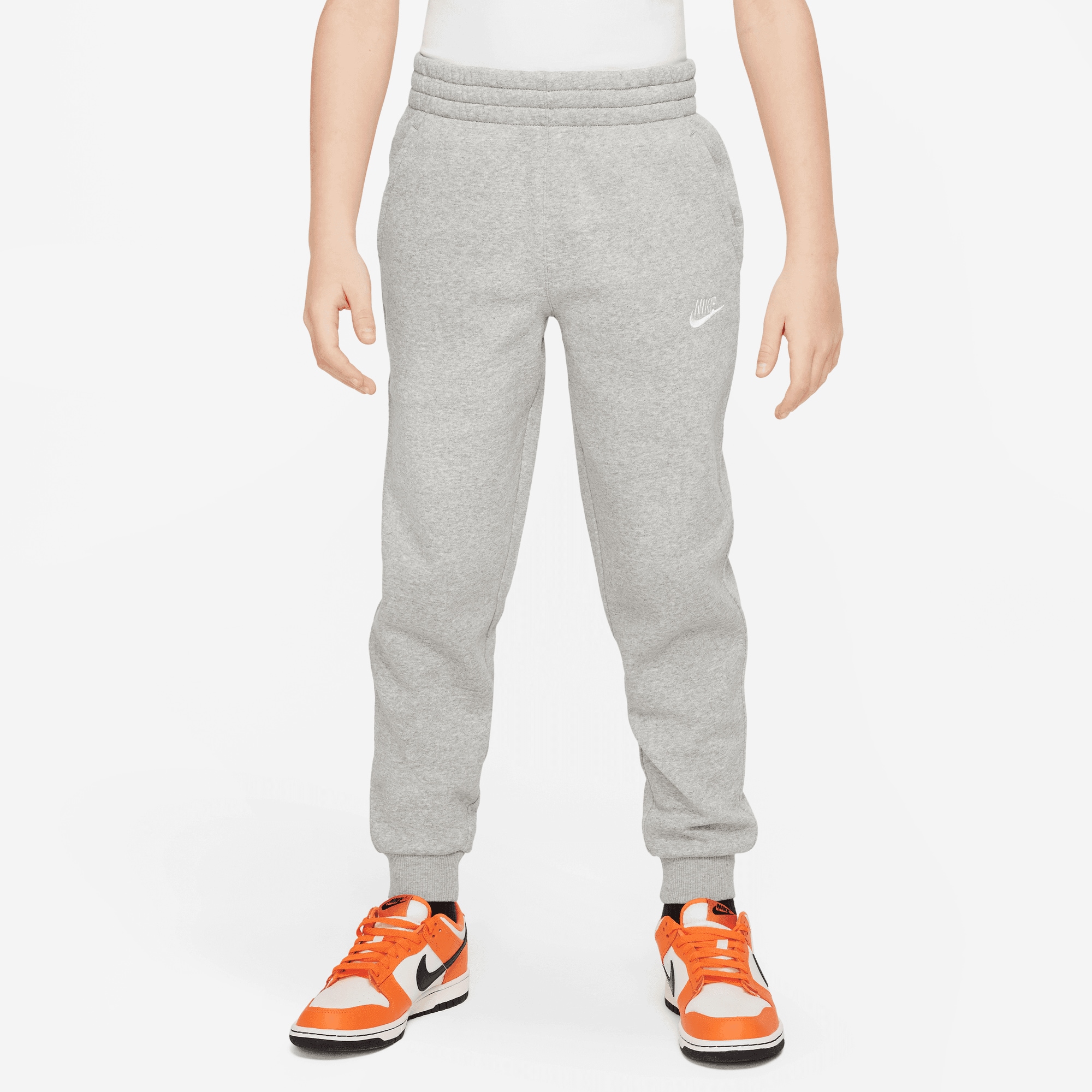 Sporthose NIKE SPORTSWEAR "Nike Sportswear Club Fleece Big Kids' Joggers", Mädchen, Gr. XS (116/122), N-Gr, grau (dk grau heather, base grau, weiß), Obermaterial: 80% Baumwolle, 20% Polyester, Hosen Sporthose