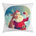 Santa Throw Pillow Cushion Cover Best Friends Taking a Funny Christmas Selfie with Cellphone in a Snowy Winter Forest Decorative Square Accent Pillow Case 24 X 24 Inches Multicolor by Ambesonne