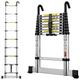 gymount Telescopic Ladder 2.6M / 8.5FT Aluminium Extension Ladder with Stabilizer Bar & Detachable Hooks, Multi Purpose Extendable Loft Ladder Portable Ladder, 9 Steps, Black