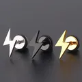 Punk Titanium Lightning Stud Earrings For Men Stainless Steel Round Cake Black Earrings Screw