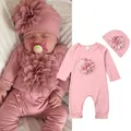 2 Pcs Newborn Autumn Baby Girl Clothes Floral Cotton Jumpsuit Overall + Hat Suit 0-18 months
