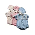 2PCS Summer Sailor Collar Kids Baby Girls Boys Bodysuit Thin Breathable Lace Infant Clothing With