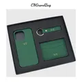 Custom Initials Gift Set Pebble Leather Phone Case For iPhone Keychain Card Holder Gift Box Set