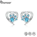 bamoer Blue Crystal Paw Stud Earrings for Girl Heart Shape CZ Footprint Ear Studs Jewelry Women