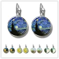 Fashion Van Gogh Art Starry Night Sunflower Earrings 16mm Glass Cabochon Silver-Plated Stud Earrings