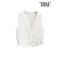 TRAF Women Fashion Front Buttons Cropped Waistcoat Vintage V Neck Sleeveless Female Outerwear Chic