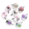 3Pcs Real Flower Butterfly Charm Transparent Round Glass Pendant Necklaces Dried Flower Necklace For