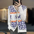 Spring And Summer New Silk Print Cardigan Ladies Worsted Wool Thin Coat V-Neck Loose Knit Sweater