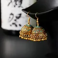 Women's Vintage Ethnic Green Gypsy Gold Color Indian Earrings Boho Jewelry Retro Bell Tassel Carved