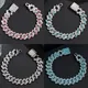 Fashion Pink Blue Iced Out Crystal Prong Cuban Link Chain Bracelet for Women Bling Rhinestone Cuban