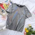 S-5XL Womens Sparkly Shiny Metallic Holographic Round Neck Short Sleeve Casual Loose Top Festival