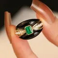 Foydjew French Style Retro Black Enamel Rings Inlaid Simulation Emerald Black Agate Stud Earrings