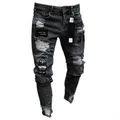 Men Stretchy Ripped Skinny Biker Embroidery Cartoon Print Jeans Destroyed Hole Slim Fit Denim High