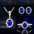 YANHUI Tibetan Silver Wedding Jewelry Sets Blue Zircon Stud Earrings and Necklace Ring Sapphire 3