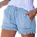 Women's Washed Denim Shorts Casual Drawstring Elastic Waist Frayed Hem Loose Short Jeans