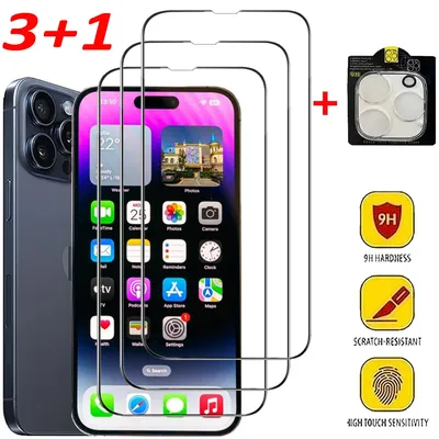 3+1 Screen Protector For iPhone 16e 16 15 14 13 Pro Max Tempered Glass For iPhone 16 15 14 Plus Protector Pantalla iPhone 11 13 12 Mini Pelicula Cristal templado iPhone 16e Camera Lens Film